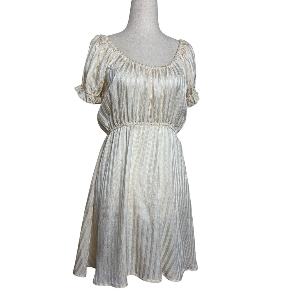 Morgan Lane Ava Cream Silk Striped Mini‎ Dress Puff Sleeve Elastic Waist Small